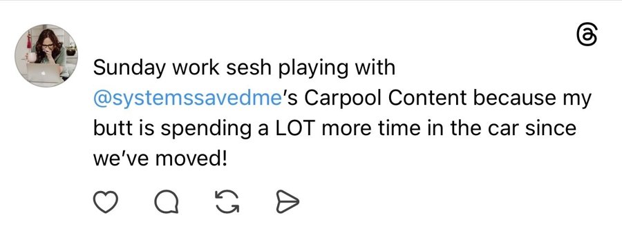 Threads post: Sunday work session using Carpool Content while spending more time in the car