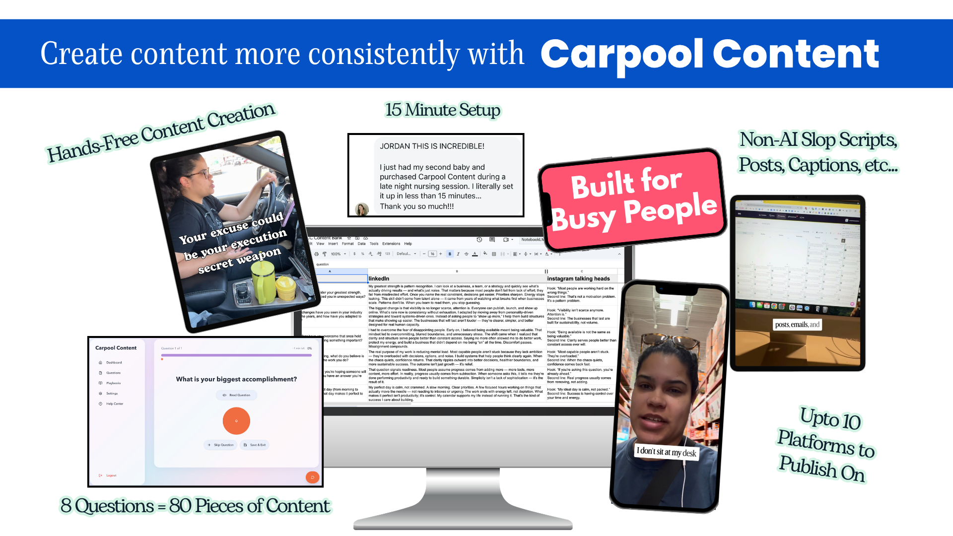 Carpool Content: hands-free content creation, 15 minute setup, up to 10 platforms